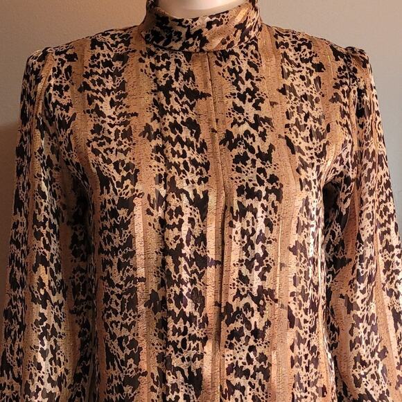 VNTG 80s NICOLA Metallic Leopard Liquid Blouse Sz 6 Mock Neck Sheer Party Top - Picture 2 of 10
